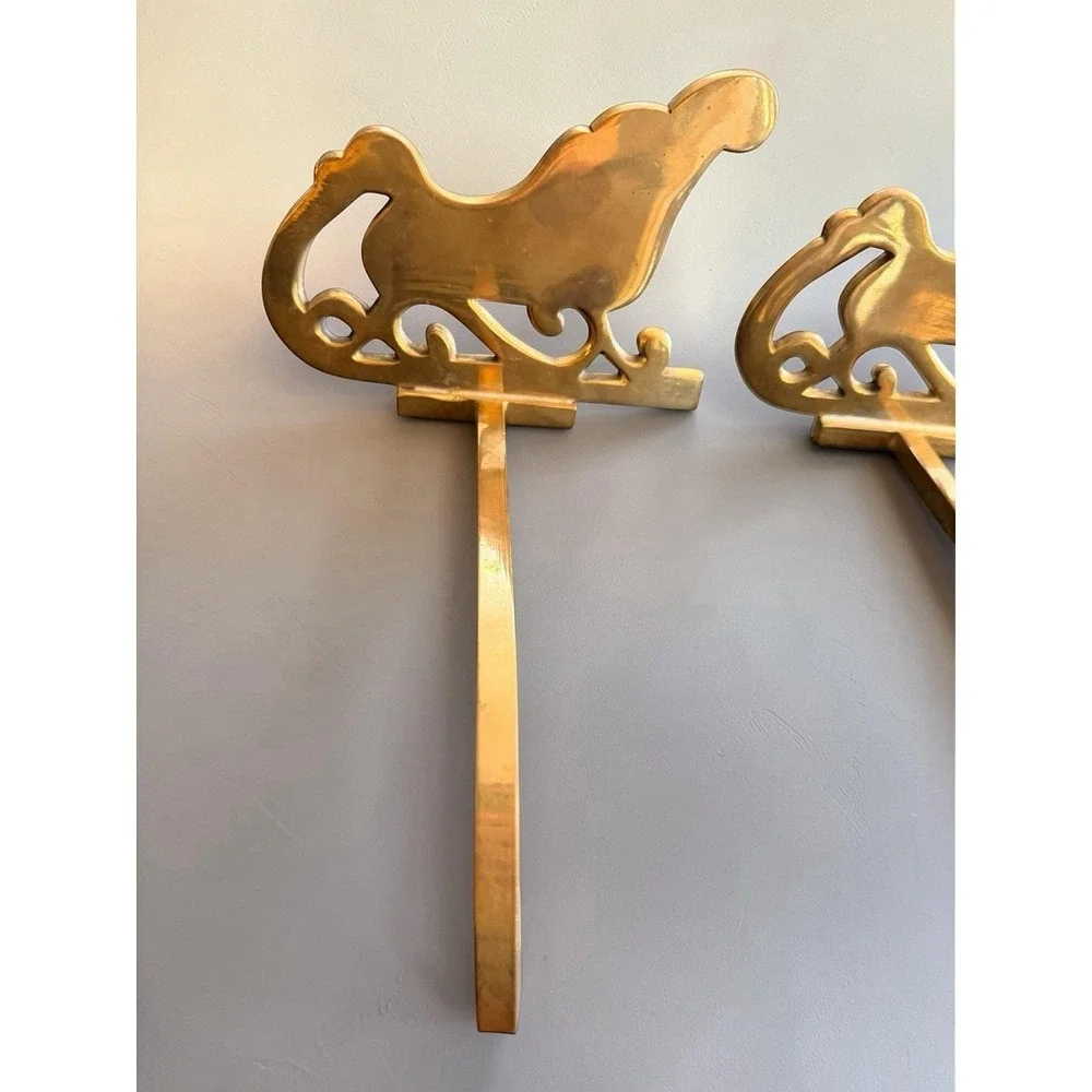 Set 4 Brass Christmas Stocking Hangers Hook SLEIGH Long Arm Vintage Heavy LG‎